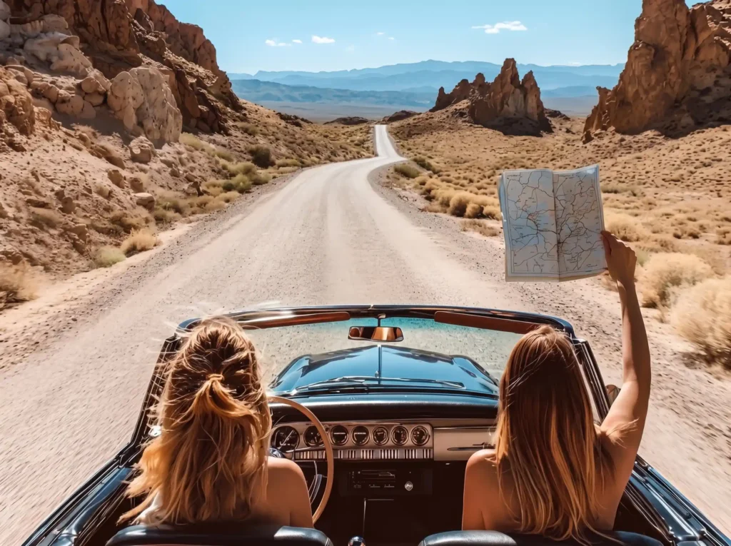 Viaje por carretera en coche clásico y mapa en mano. Dos mujeres rubias en un descapotable azul vintage conduciendo por una ruta desértica rodeada de formaciones rocosas bajo un cielo despejado, disfrutando de la libertad de viajar barato por Estados Unidos.