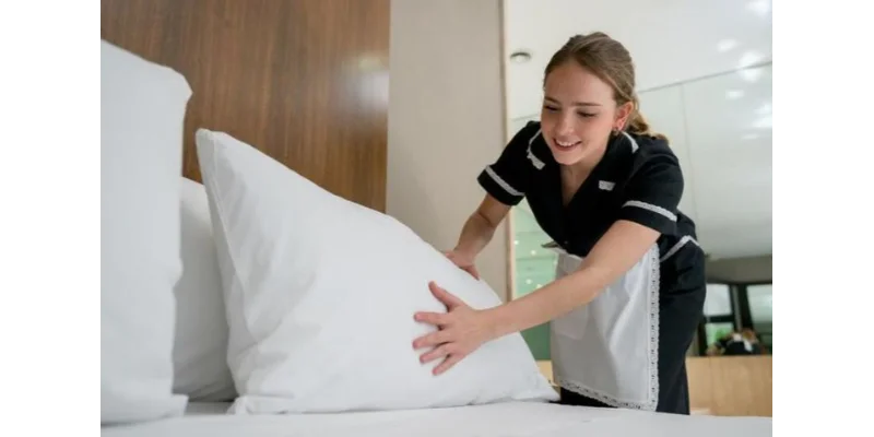 Joven sonriente trabajando como Housekeeper haciendo la cama en un hotel, empleo popular del programa Work and Travel en EE.UU.