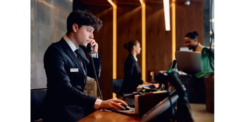 Joven recepcionista atendiendo una llamada telefónica en un hotel, ilustrando el prestigioso puesto de Front Desk en el programa Work and Travel USA.