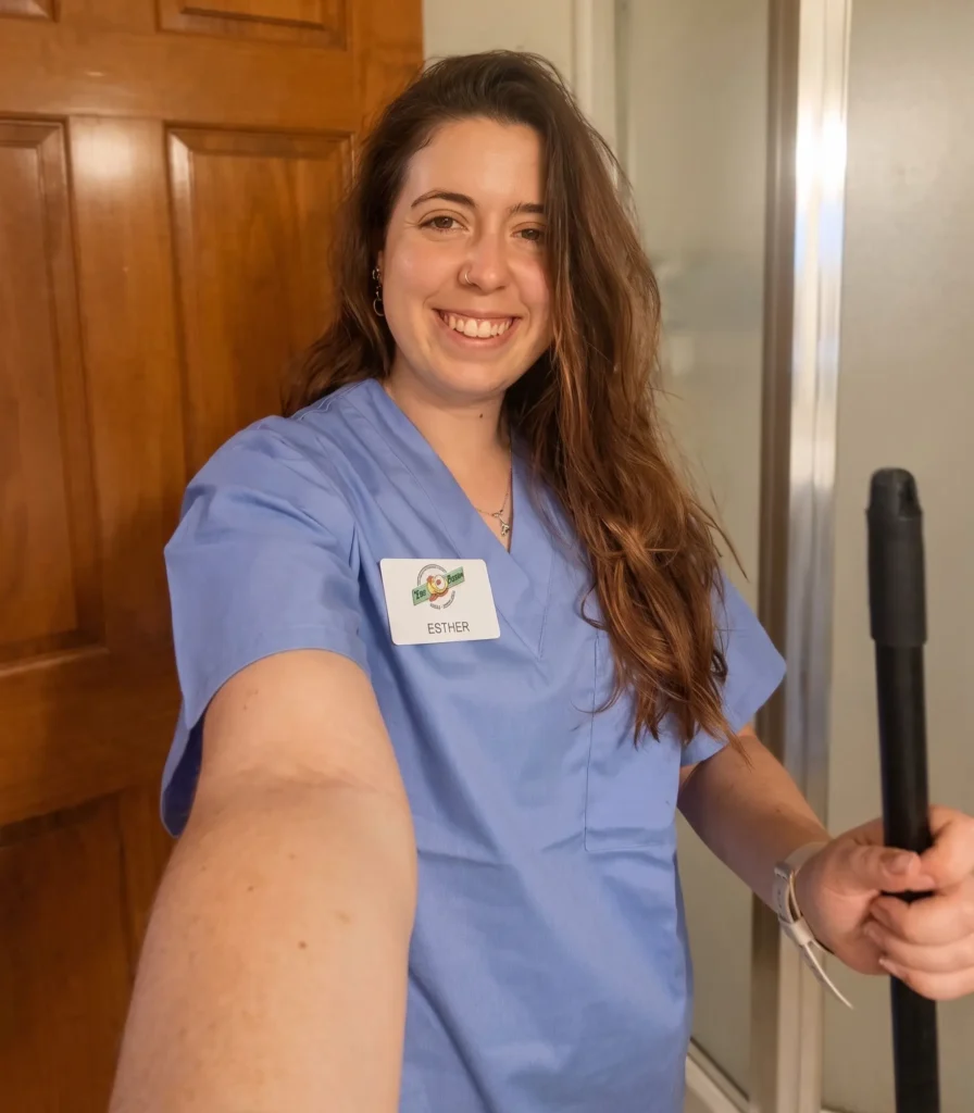 Primer plano de una mujer joven sonriente, Esther, vistiendo un uniforme médico azul claro de ama de llaves (housekeeper) con un gafete con nombre legible, frente a una puerta de madera y un marco de ducha desenfocado.