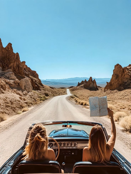 Vista trasera de dos jóvenes viajeras en un coche descapotable clásico conduciendo por una carretera recta en el desierto. Una de ellas sostiene un mapa abierto contra el cielo azul y montañas rocosas.