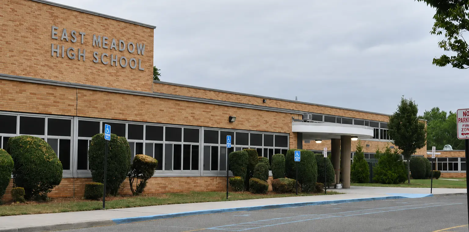Fachada exterior del instituto East Meadow High School para estudiantes con visados de año escolar en Estados Unidos.